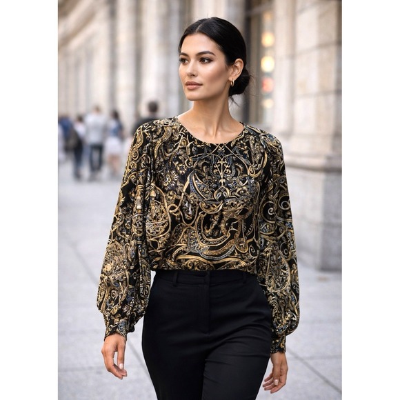 H&M Tops - H&M Regency Goth Floral Paisley Top 6 Black Gold Crepe Blouse Peasant Dressy